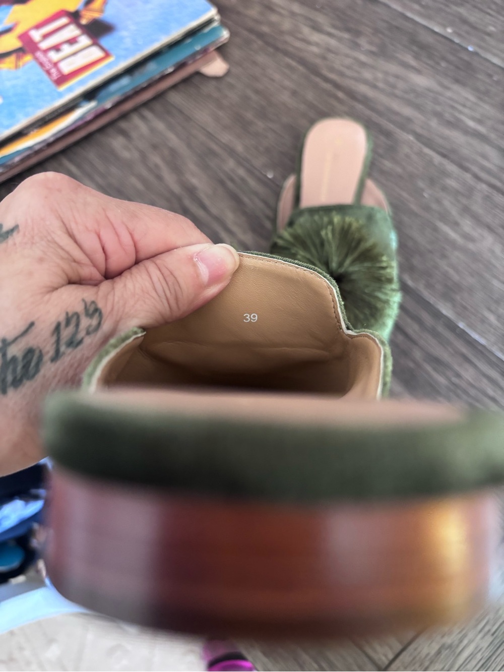 Anthropologie Olive Green Velvet Pom-Pom Pointed Toe Flats - Picture 4 of 4
